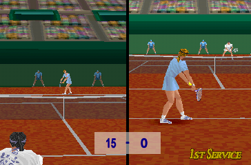 Power Serve 3D Tennis (PlayStation) screenshot: There are various camera views to choose from.