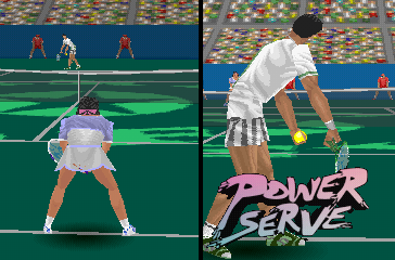 Power Serve 3D Tennis (PlayStation) screenshot: Hard court. Diggin' the logo.
