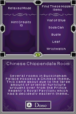 Hidden Mysteries: Buckingham Palace (Nintendo DS) screenshot: Chinese Chippendale Room introduction