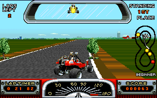 Road Riot 4WD (Atari ST) screenshot: Ahead of the field, but still seeing the yellow guy in the rear mirror. And badly: that guy has a cannon