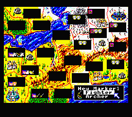 Elthlead (MSX) screenshot: Buying a new unit on the strategic map (note that you cannot see the composition of the enemy armies)