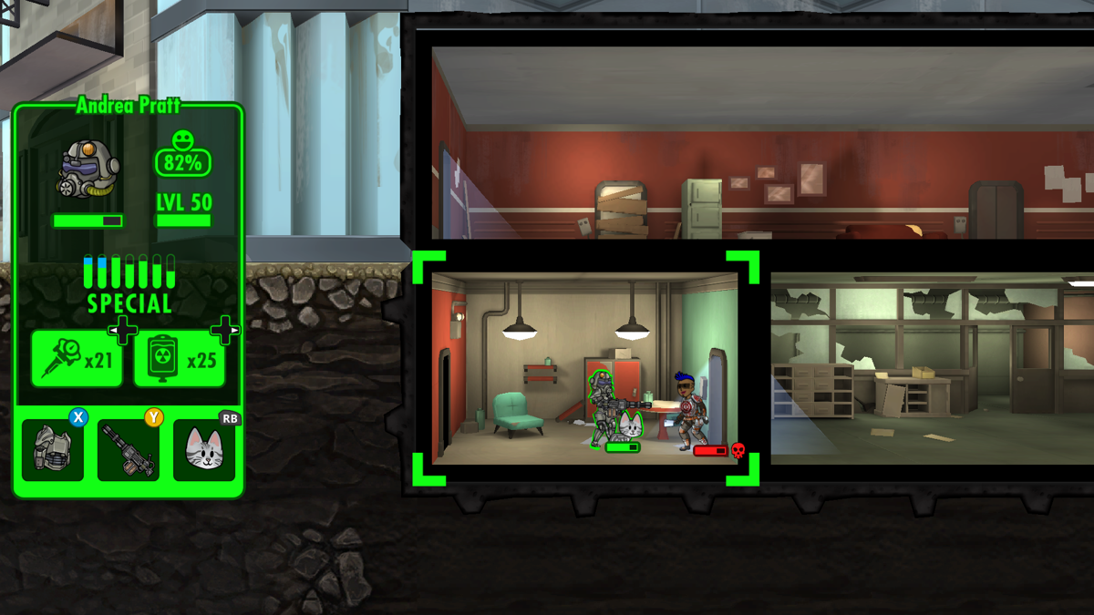 Fallout Shelter (Xbox One) screenshot: I'm showing up with my minigun to a knife fight.