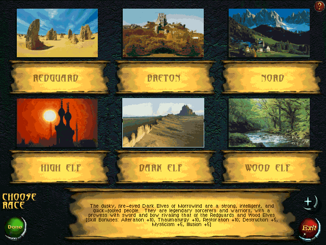 An Elder Scrolls Legend: Battlespire (DOS) screenshot: Race selection