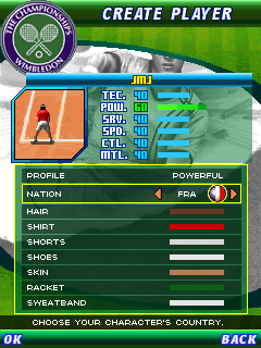 Wimbledon 2009 (J2ME) screenshot: Player creation