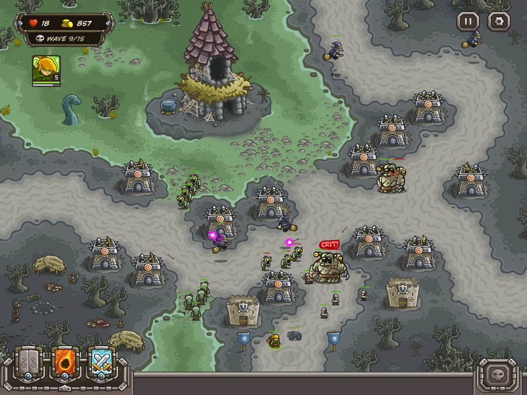 Kingdom Rush (iPad) screenshot: A swamp-type level