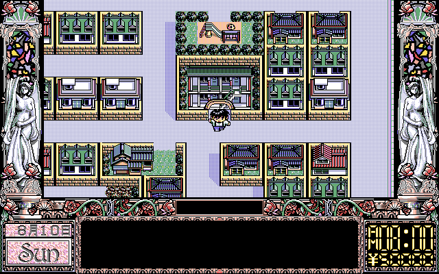 Dōkyūsei (PC-98) screenshot: Top-down town navigation