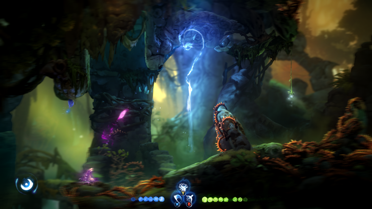 Ori and the Will of the Wisps (Windows) screenshot: With the grapple ability Ori will pull themselves to certain objects from a considerable distance