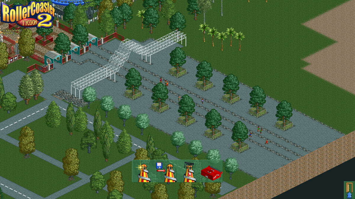 RollerCoaster Tycoon 2 (Windows) screenshot: Main menu. If either expansion is installed, only a small tag is added below the logo as before, but the sequence is unedited.