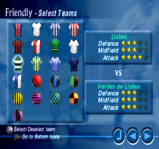Striker Pro 2000 (PlayStation) screenshot: Friendly - Select Teams