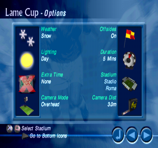 Striker Pro 2000 (PlayStation) screenshot: Lame Cup - Options