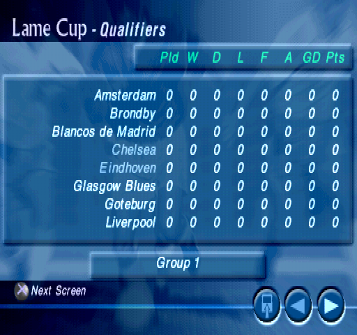 Striker Pro 2000 (PlayStation) screenshot: Lame Cup - Qualifiers - Group 1