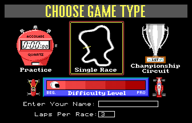 Grand Prix Circuit (Apple IIgs) screenshot: Main Menu