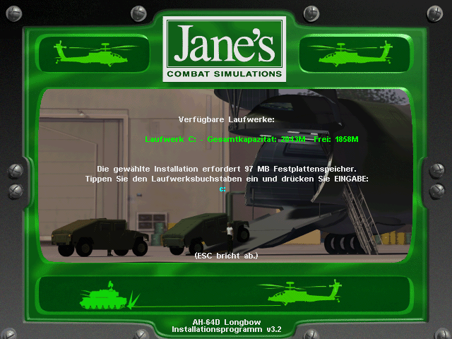 Jane's Combat Simulations: AH-64D Longbow (DOS) screenshot: Installation - German version