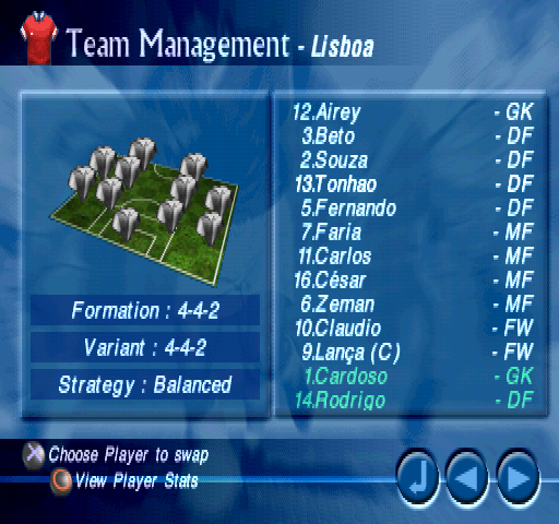 Striker Pro 2000 (PlayStation) screenshot: Team Management