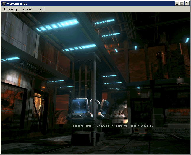 MechWarrior 2: Mercenaries (Windows) screenshot: The game's title screen. There are configuration options in the menu bar and hot spots on the screen. Demo version