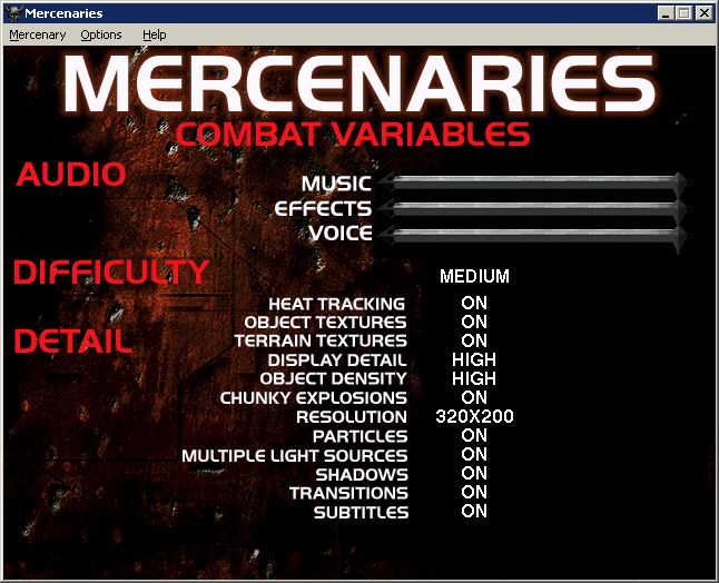 MechWarrior 2: Mercenaries (Windows) screenshot: One of the game's configuration screens that is accessed via the menu bar Demo version