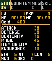 Xanadu Next (N-Gage) screenshot: Character screen and their stats.