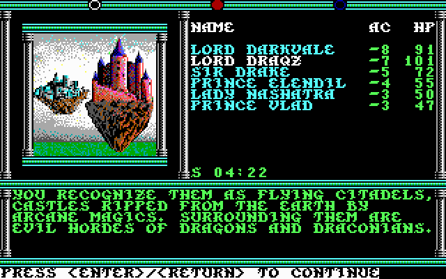 Champions of Krynn (DOS) screenshot: Flying Citadels....thought they were destroyed in the War of the Lance.