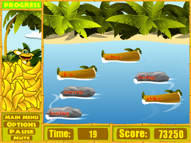 Word Island (Windows) screenshot: Complete the River minigame before the time runs out and the little monkey on the left will get covered in bananas.