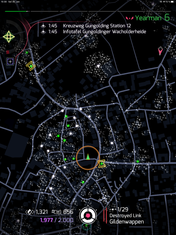 Ingress Prime (iPad) screenshot: The small white dots around the portals are Exotic Matter. XM is required for every action you perform in the game.