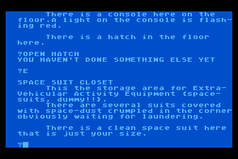 Alien Egg (Atari 8-bit) screenshot: I Find a Spacesuit