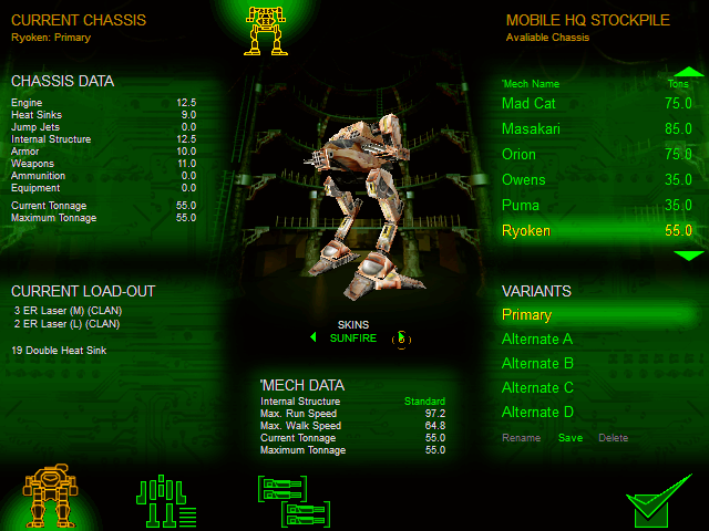 MechWarrior 3: Pirate's Moon (Windows) screenshot: A Ryoken's loadout