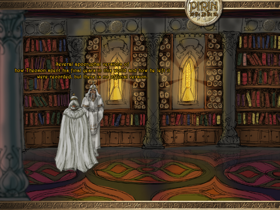 Eselmir and the Five Magical Gifts (Windows) screenshot: The temple library (one more library screenshot after some "King's Quests", "Discworld", "Beauty and the Beast", "Eagle Eye Mysteries" and several others...).