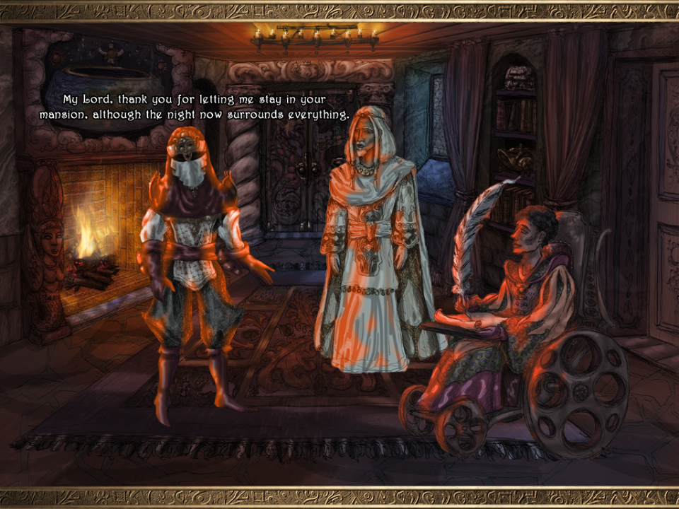 Eselmir and the Five Magical Gifts (Windows) screenshot: A mysterious masked storyteller appears in the intro...