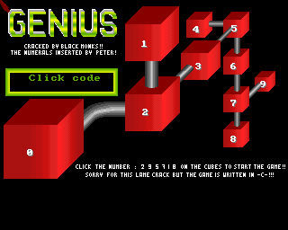 Genius (Amiga) screenshot: Copy protection and title screen