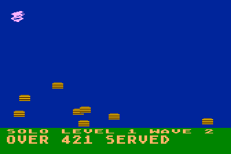 Burgers! (Atari 8-bit) screenshot: Mid-Sized Burgers Take Flight