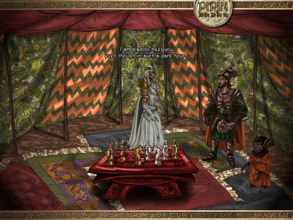 Eselmir and the Five Magical Gifts (Windows) screenshot: Inside the strategists tent - the smaller one is a gnome. ;)