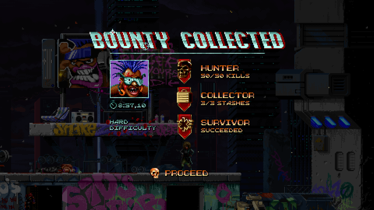 Huntdown (Windows) screenshot: Killed the boss and collected the bounty