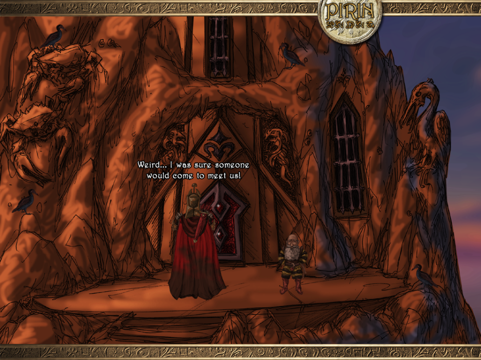 Eselmir and the Five Magical Gifts (Windows) screenshot: At the gates of the dark fortress of Trin-Irit. A little content note: I love Literature, I'm all for oral history... and yet I was tired of these minutes-long conversations in the game.