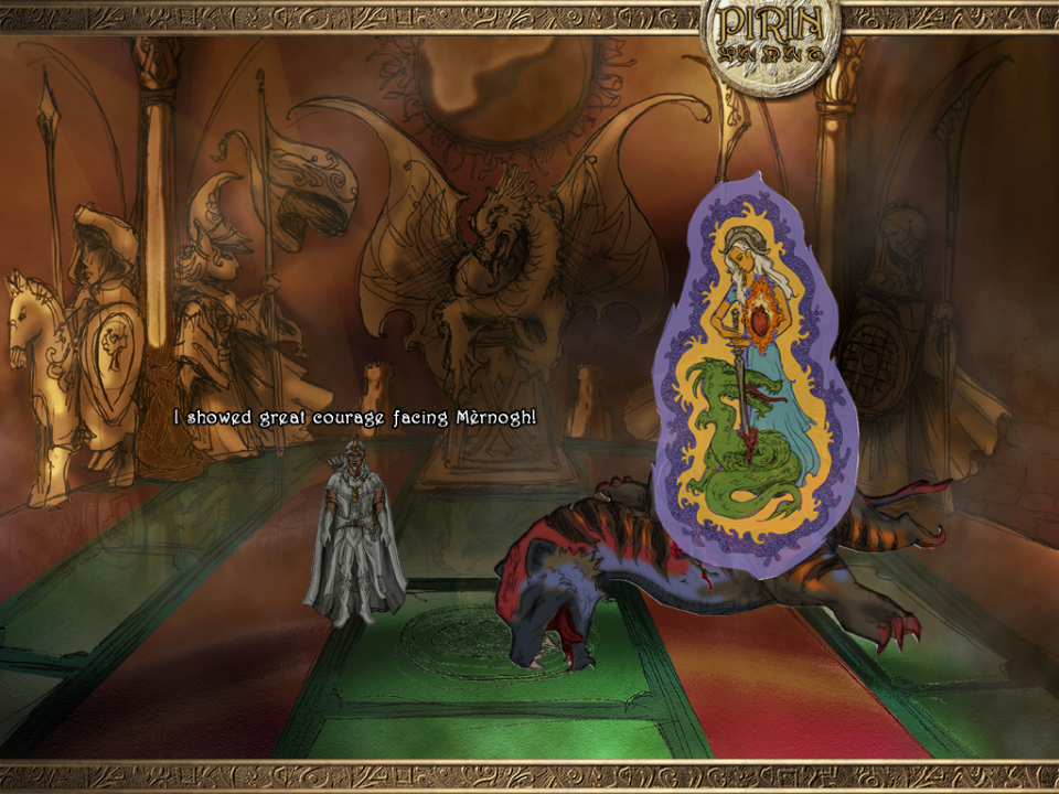 Eselmir and the Five Magical Gifts (Windows) screenshot: Defeating the monster unlocks the Virtue of Courage. Interestingly, the first four virtues are gained at the very beginning: by saying each prayer from Eselmir's breviary in front of the shrine.