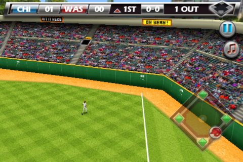 Derek Jeter Real Baseball (iPhone) screenshot: When the ball is on the field, tap a base to make a run