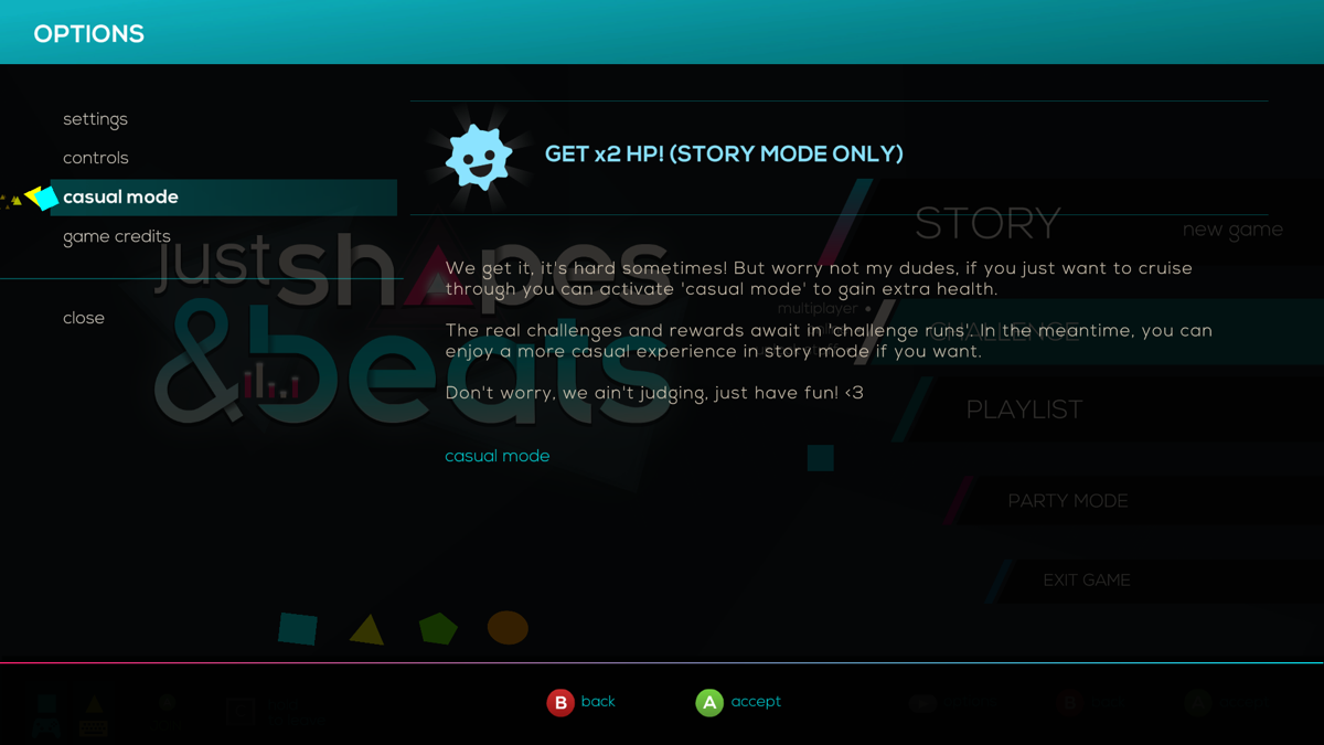 Just Shapes & Beats (Windows) screenshot: If you are a weakling, second-rate player, you can select Casual mode. Don't worry, developers won't judge you!