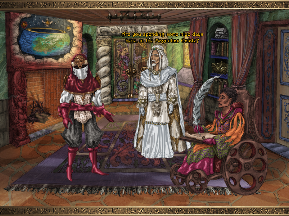 Eselmir and the Five Magical Gifts (Windows) screenshot: The storyteller reappears between chapters. I get that the scribe is disabled and sits on his wheelchair, but the storyteller and the priest not even sitting down... is just not realistic.