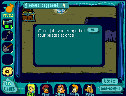 Scooby-Doo! in The Ghosts of Pirate Beach (Browser) screenshot: After catching all 4 pirates we clear the game.