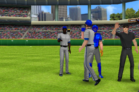 Derek Jeter Real Baseball (iPhone) screenshot: Greeting the umpires