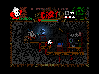 A Pirate's Life Dizzy (Windows) screenshot: Dizzy learns that he could have returned to present immediately by pulling the root... Now he needs to find a new one and use magic to make it hold. ;)