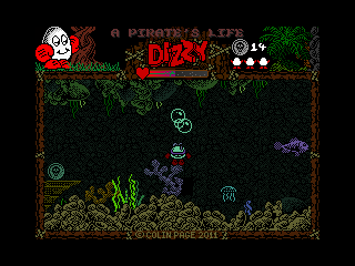 A Pirate's Life Dizzy (Windows) screenshot: Daisy's present was teleported together with Dizzy. Now he needs to open it anyway and use the scuba gear he bought for Daisy...