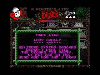 A Pirate's Life Dizzy (Windows) screenshot: Press enter next to the coffins in the church crypt to read epitaphs. I love this idea, it reminds me of some classic adventure games.