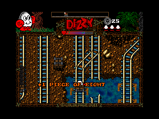 A Pirate's Life Dizzy (Windows) screenshot: The mine cart ride is clearly inspired by "Fantastic Adventures of Dizzy", but more complex - unlike in the original game, it crosses a wider variety of terrain...