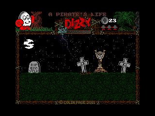 A Pirate's Life Dizzy (Windows) screenshot: A scary sequence - Dizzy has to die (note the changed appearance of the life bar), come back to life and pass through the underworld...