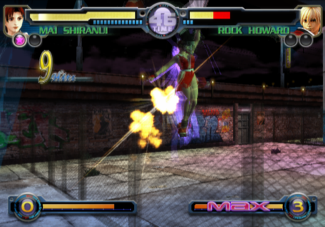 KOF: Maximum Impact (PlayStation 2) screenshot: Mai makes a 9 hit combo with her blossom storm.