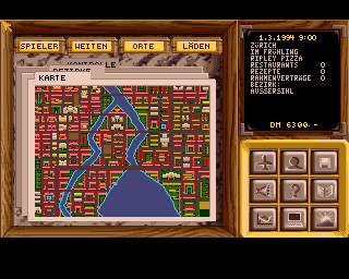 Pizza Tycoon (Amiga) screenshot: City overview and game controls menu