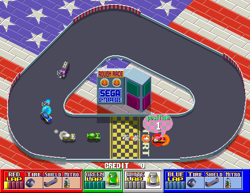 Rough Racer (Arcade) screenshot: Start on a simple tutorial track with an American flag