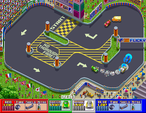 Rough Racer (Arcade) screenshot: Don't cross the yellow lines, also notice the Outrun and Flicky signs