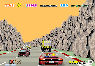 OutRun (Arcade) screenshot: In a canyon. Often cars would occupy all lanes making it hard to overtake safely