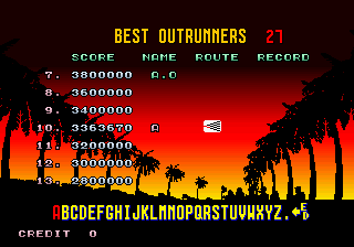 OutRun (Arcade) screenshot: High score table